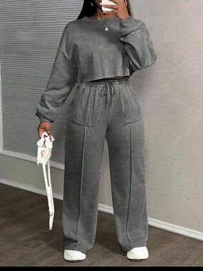 SHEIN Gray Drawcord High-Waist Wide-Leg Knit Pants